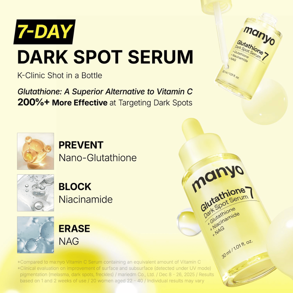 Ma:nyo Glutathione 7 Dark Spot Serum pour un traitement intensif des taches pigmentaires au glutathion, à la niacinamide et au NAG