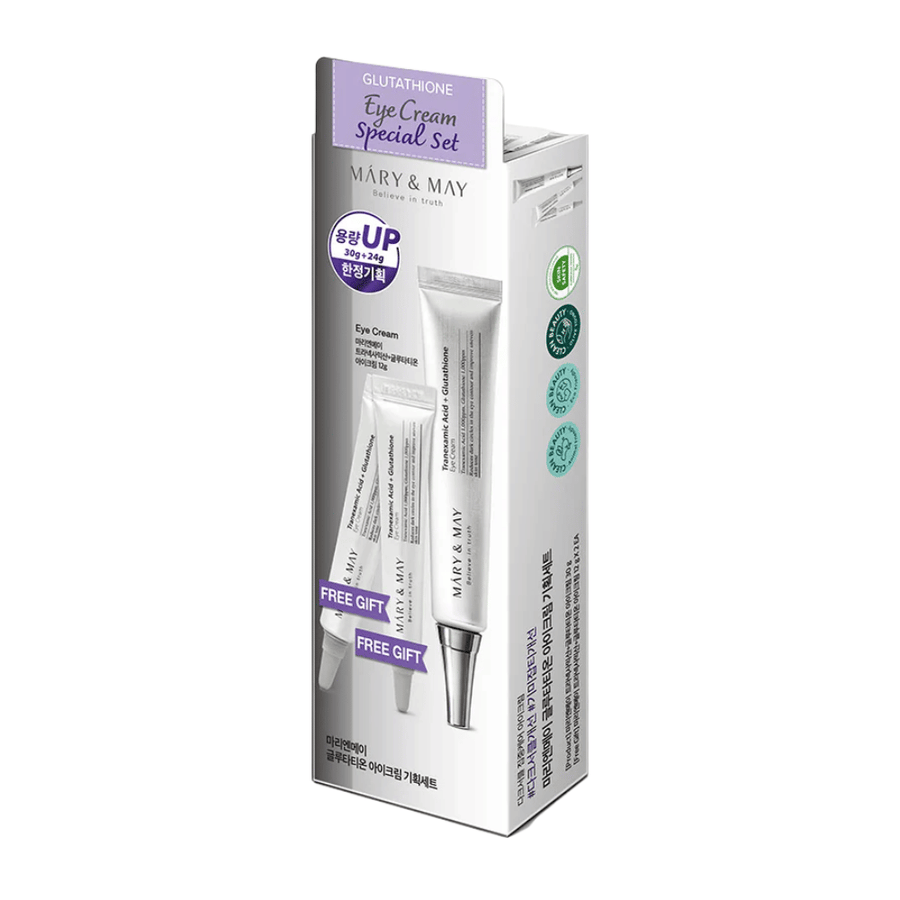 Mary&May Glutathione Eye Cream Special Set avec des produits bonus, un ensemble K-beauty populaire pour l'éclaircissement intensif et le soin de la peau autour des yeux.