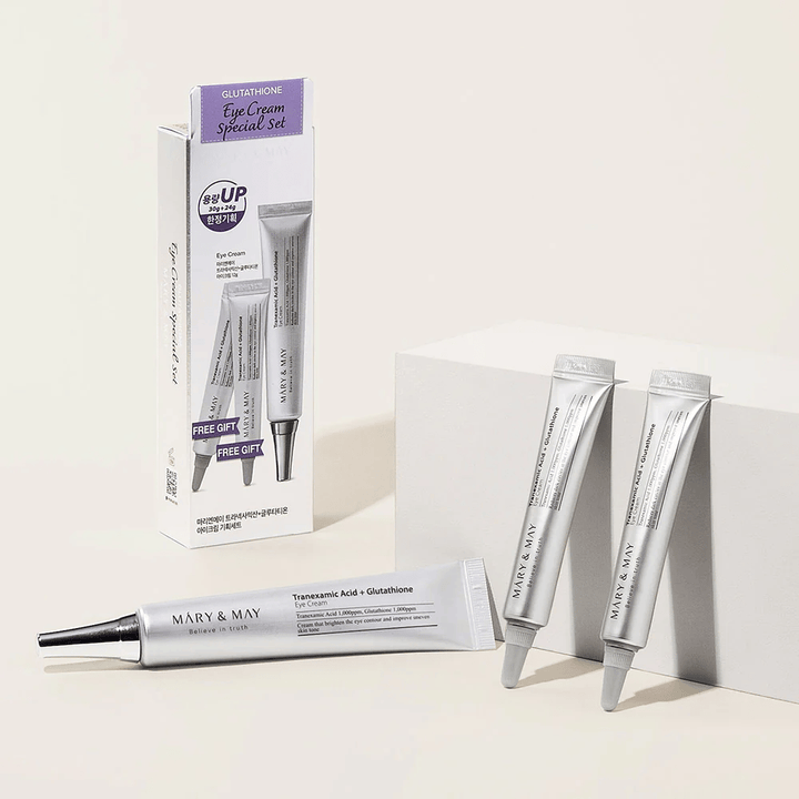 Mary&May Tranexamic Acid + Glutathione Eye Cream Ensemble spécial avec emballage original et tubes supplémentaires, un ensemble complet pour des soins des yeux éclaircissants et unifiants.