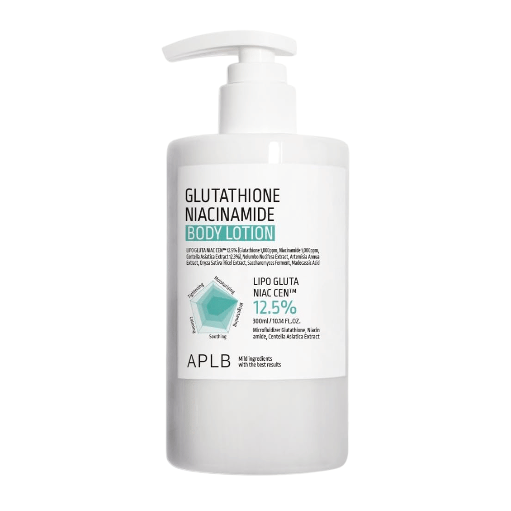 APLB Glutathione Niacinamide Body Lotion image du produit avec flacon pompe et formule avancée pour l’hydratation, l’éclat et l’amélioration de l’élasticité de la peau