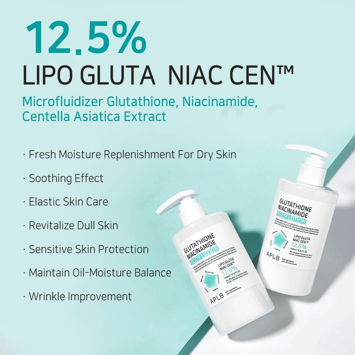 APLB Glutathione Niacinamide Body Lotion 12,5 % Lipo Gluta Niac Cent avec hydratation, équilibre cutané, effet anti-âge et protection pour les peaux sensibles