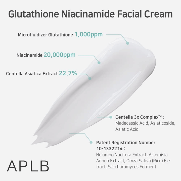 APLB Glutathione Niacinamide Facial Cream avec 1000 ppm de glutathion, 20000 ppm de niacinamide et 22,7 % de centella asiatica pour l’hydratation et un effet apaisant