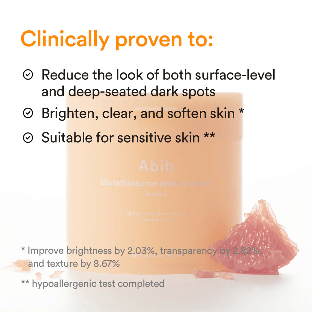 Abib Glutathiosome Dark Spot Pad Vita Touch avec des bienfaits cliniquement testés pour l’éclat et la pigmentation.