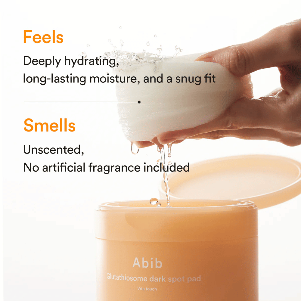 Tampons Toner hydratant de Abib avec une formule sans parfum et un effet glow pour les peaux sensibles.
