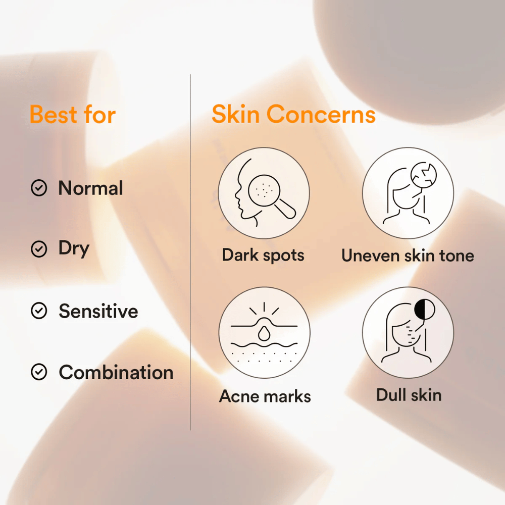 Abib Glutathiosome Dark Spot Pad Vita Touch montre les types de peau et les problèmes cutanés comme les taches sombres et le teint irrégulier.
