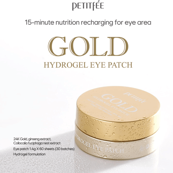 Image produit épurée de PETITFEE Gold Hydrogel Eye Patch avec un emballage doré sur fond clair. Le texte met en avant des ingrédients tels que l’or 24K, le ginseng et une formule hydrogel pour l’hydratation et l’éclat.