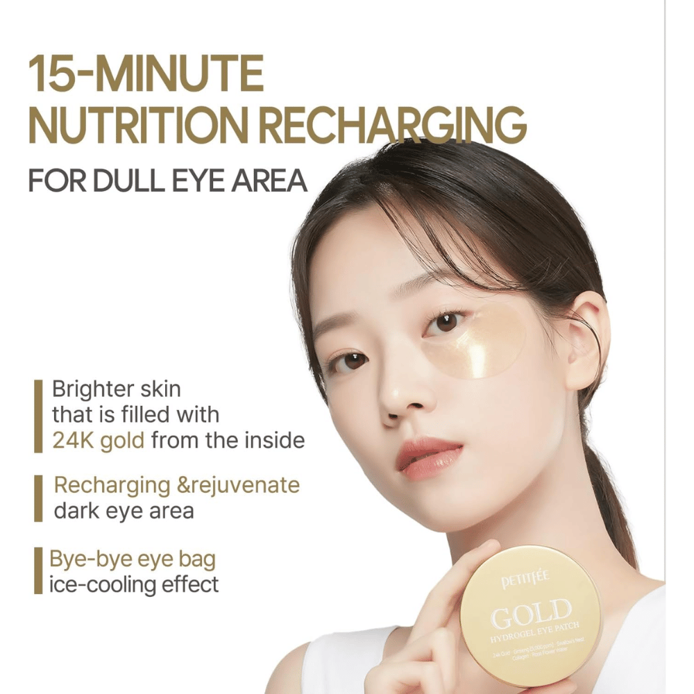Image promotionnelle avec un modèle utilisant PETITFEE Gold Hydrogel Eye Patch sous l’œil. L’accent est mis sur l’éclat, la revitalisation des peaux fatiguées et la réduction de la visibilité des cernes et des poches.