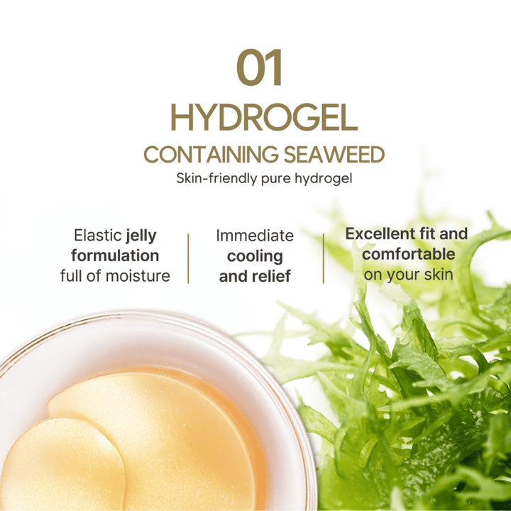 Image produit mettant en avant la formule hydrogel aux algues marines et ses propriétés hydratantes, rafraîchissantes et respectueuses de la peau. L’image montre également les patchs contour des yeux à base de gel dans l’emballage.