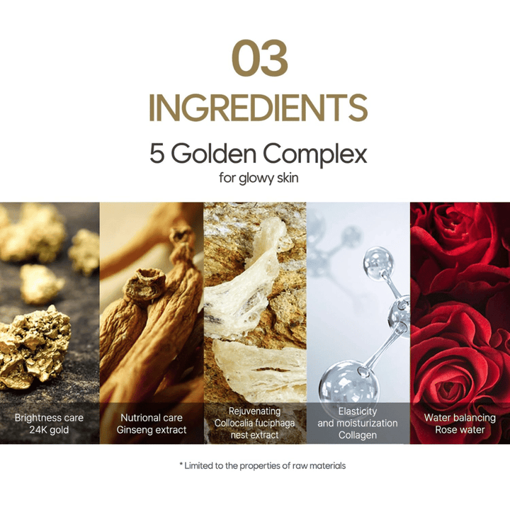 Image d’information sur le « 5 Golden Complex » avec des ingrédients tels que l’or 24K, l’extrait de ginseng, l’extrait de nid d’oiseau, le collagène et l’eau de rose. L’accent est mis sur l’éclat, l’élasticité et l’hydratation.