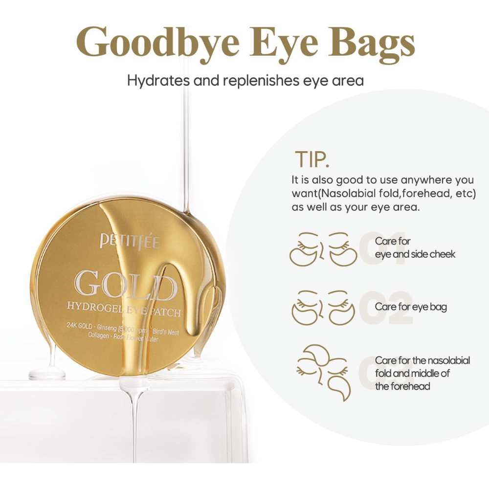 Image produit de PETITFEE Gold Hydrogel Eye Patch mettant l’accent sur l’hydratation et le soin de la zone sous les yeux. L’image montre également différentes zones d’utilisation comme les poches sous les yeux, la zone des joues et les sillons nasogéniens.