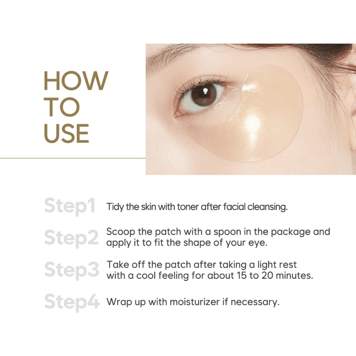 Image d’instructions montrant comment appliquer les patchs hydrogel pour les yeux sous les yeux après le nettoyage et toner visage. Le guide étape par étape décrit l’utilisation et le temps de pose recommandé pour une peau hydratée et fraîche.