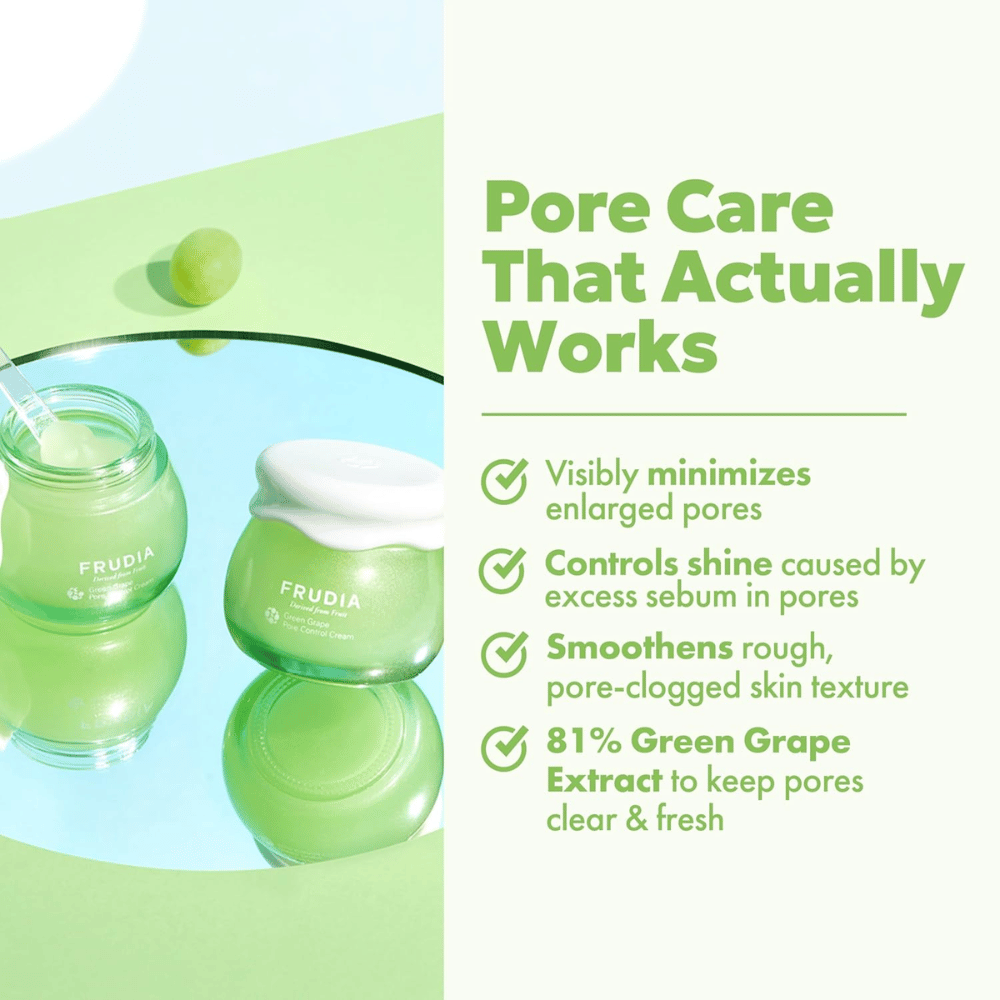 FRUDIA Green Grape Pore Control Cream qui réduit visiblement les pores, contrôle la brillance et unifie la texture de la peau avec 81 % d'extrait de raisin vert.