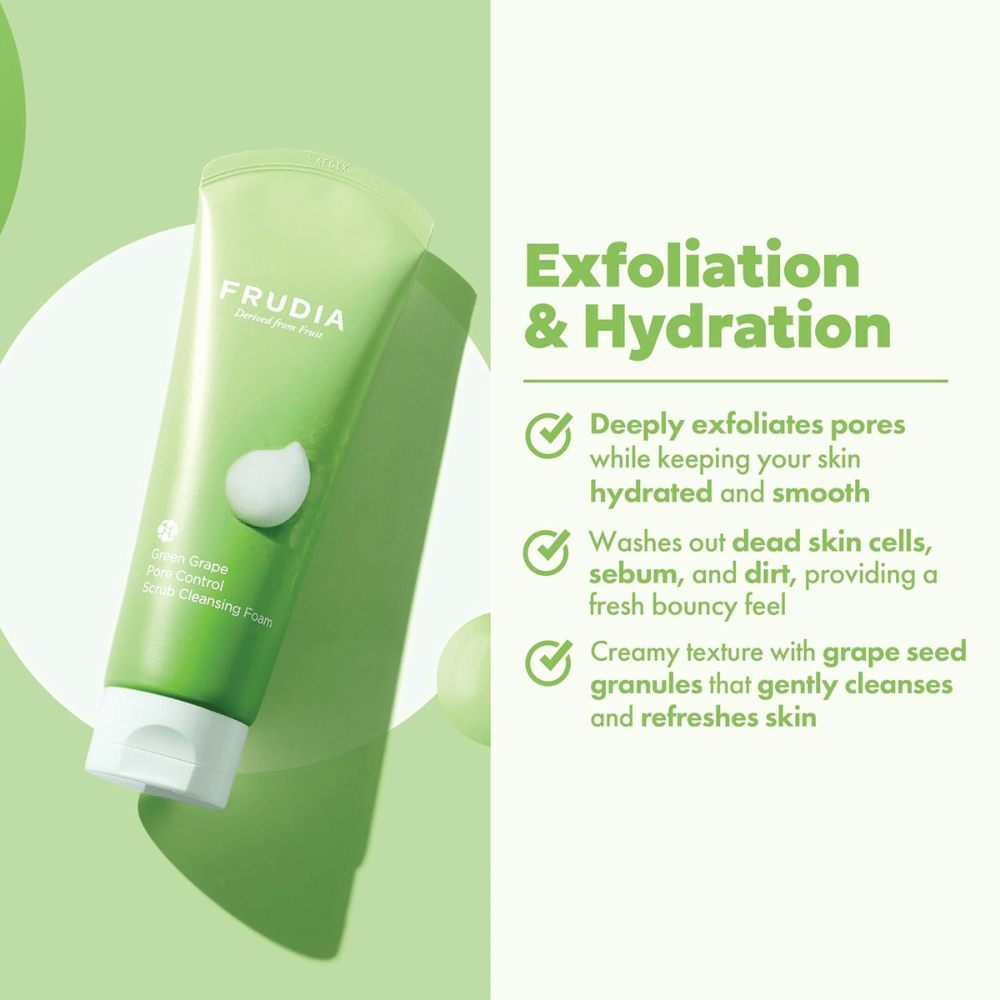 FRUDIA Green Grape Pore Control Scrub Cleansing Foam – nettoyant visage exfoliant avec granulés de pépins de raisin qui élimine la saleté, le sébum et les cellules mortes sans dessécher la peau.