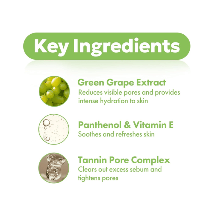 FRUDIA Green Grape Pore Control Scrub Cleansing Foam – ingrédients clés tels que l'extrait de raisin vert, le panthénol, la vitamine E et le complexe de tanin pour des pores nettoyés et affinés.