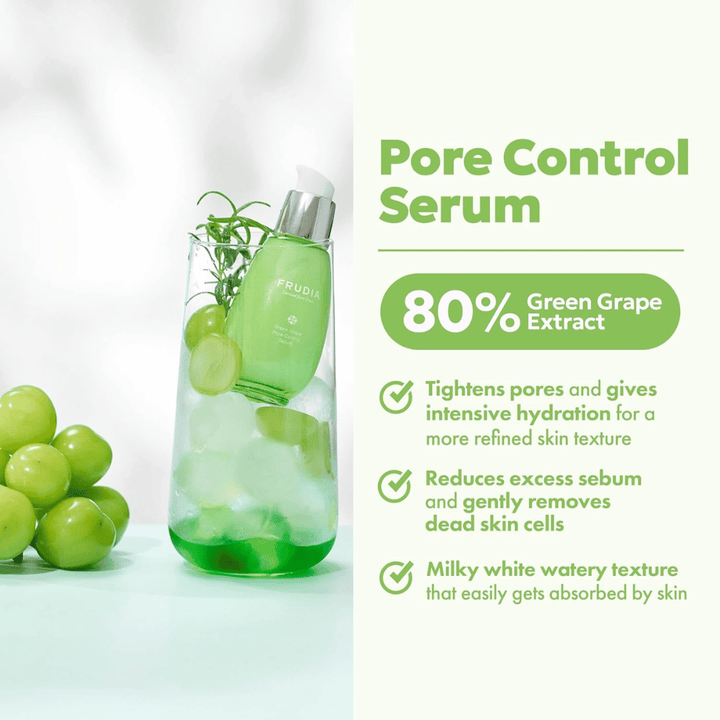 Frudia Green Grape Pore Control Serum qui resserre les pores, réduit l'excès de sébum et est rapidement absorbé avec une texture légère et laiteuse pour une peau fraîche et équilibrée.