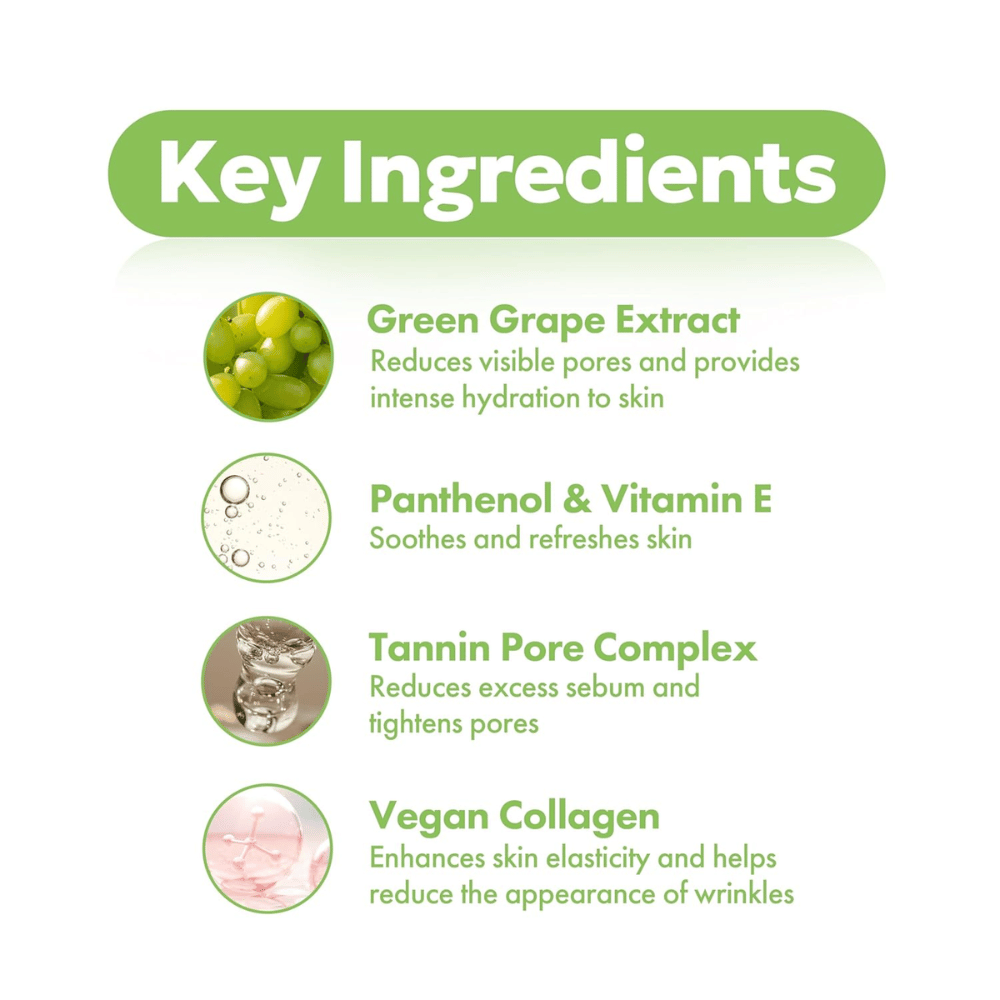 Ingrédients clés dans Frudia Green Grape Pore Control : extrait de raisin vert pour les pores, panthénol et vitamine E pour un effet apaisant, complexe de tanin pour les pores ainsi que du collagène vegan.