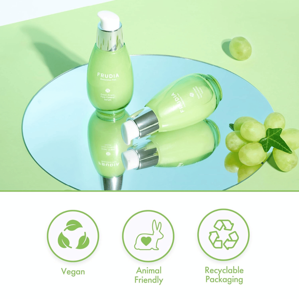 Frudia Green Grape Pore Control Serum avec des raisins verts, formule vegan, cruelty-free et emballage recyclable – soins de la peau coréens pour réduire les pores et équilibrer la peau.
