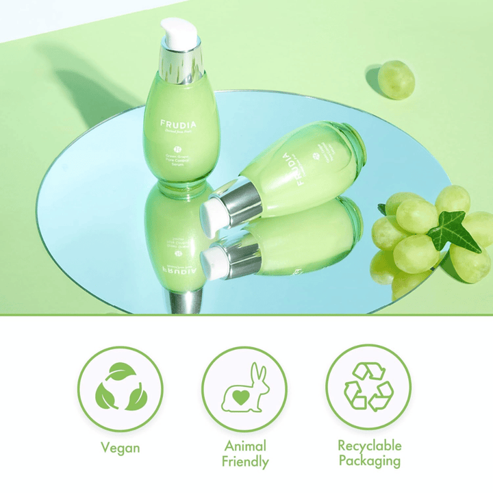 Frudia Green Grape Pore Control Serum avec des raisins verts, formule vegan, cruelty-free et emballage recyclable – soins de la peau coréens pour réduire les pores et équilibrer la peau.