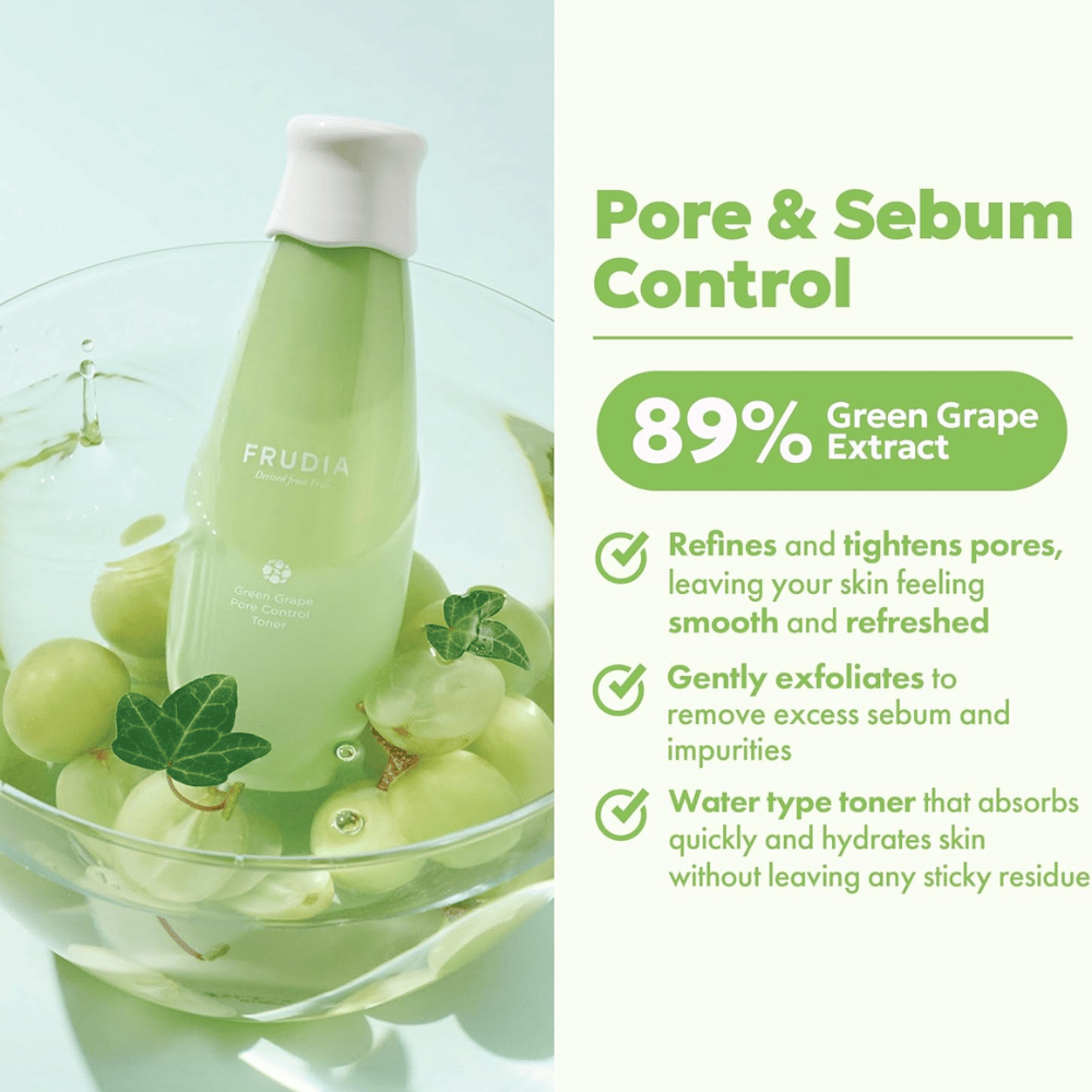 Frudia Green Grape Pore Control Toner avec 89 % d'extrait de raisin vert qui affine les pores, réduit l'excès de sébum et hydrate la peau avec un toner visage léger, à absorption rapide sans sensation collante.