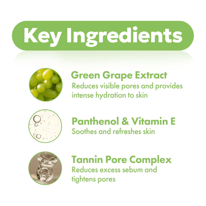 Ingrédients clés dans Frudia Green Grape Pore Control avec extrait de raisin vert, panthénol, vitamine E et complexe de tanins pour hydrater la peau, réduire les pores et équilibrer le sébum.
