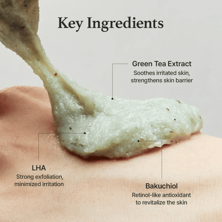 Gros plan sur la texture du nettoyant accompagné d’une explication des ingrédients pour l’extrait de thé vert, le LHA et le bakuchiol, qui aident à exfolier en douceur et à renforcer la barrière cutanée.
