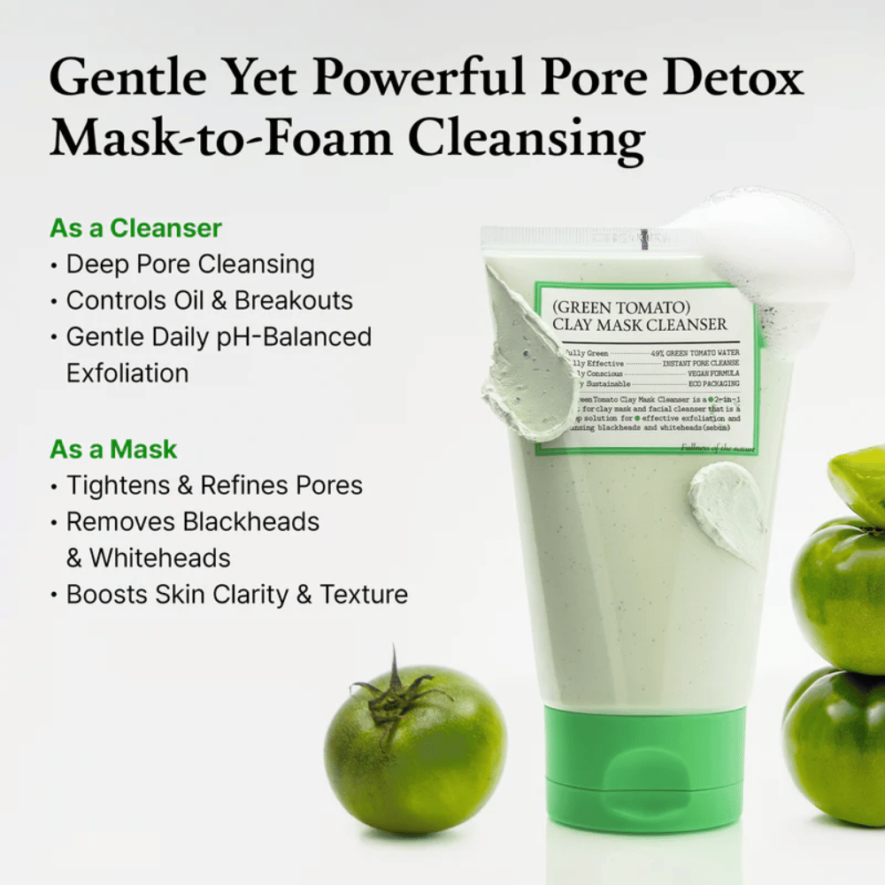 Avantages répartis en deux parties : comme nettoyant et comme masque, avec un focus sur le nettoyage des pores, l’exfoliation et une peau plus nette.