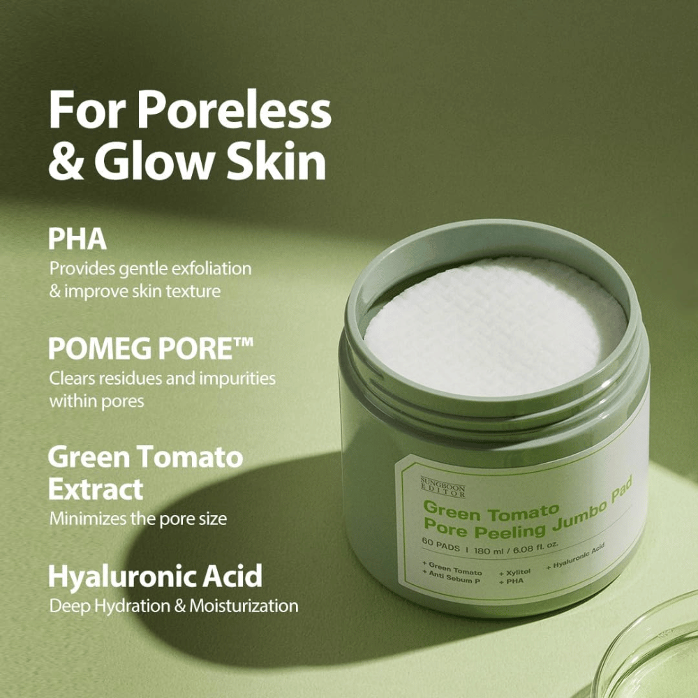 SUNGBOON EDITOR Green Tomato Pore Peeling Jumbo Pad – pads exfoliants au PHA, extrait de tomate verte et acide hyaluronique