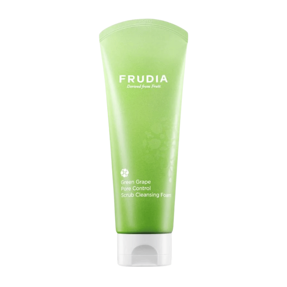 FRUDIA Green Grape Pore Control Scrub Cleansing Foam – nettoyant visage réducteur de pores avec extrait de raisin vert qui exfolie en douceur, nettoie les pores en profondeur et équilibre le sébum pour une peau plus claire.