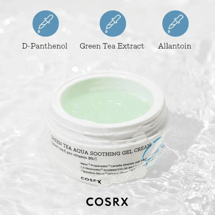 COSRX Green Tea Aqua Soothing Gel Cream – öppen burk med grön gelkräm. Nyckelingredienser: D-Panthenol, Grönt te-extrakt och Allantoin för återfuktning och lugnande effekt.