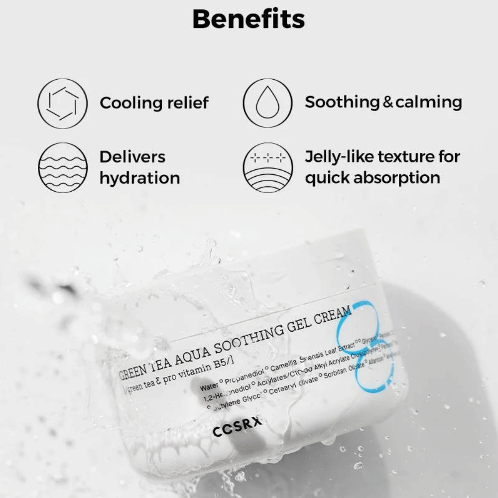 COSRX Green Tea Aqua Soothing Gel Cream – fördelar: kylande effekt, lugnande och vårdande, intensiv återfuktning och gel-liknande textur för snabb absorption.
