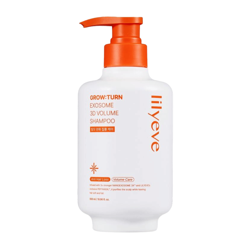 LILYEVE Grow:Turn Exosome 3D Volume Shampoo dans un flacon-pompe blanc avec des détails orange pour le soin du cuir chevelu