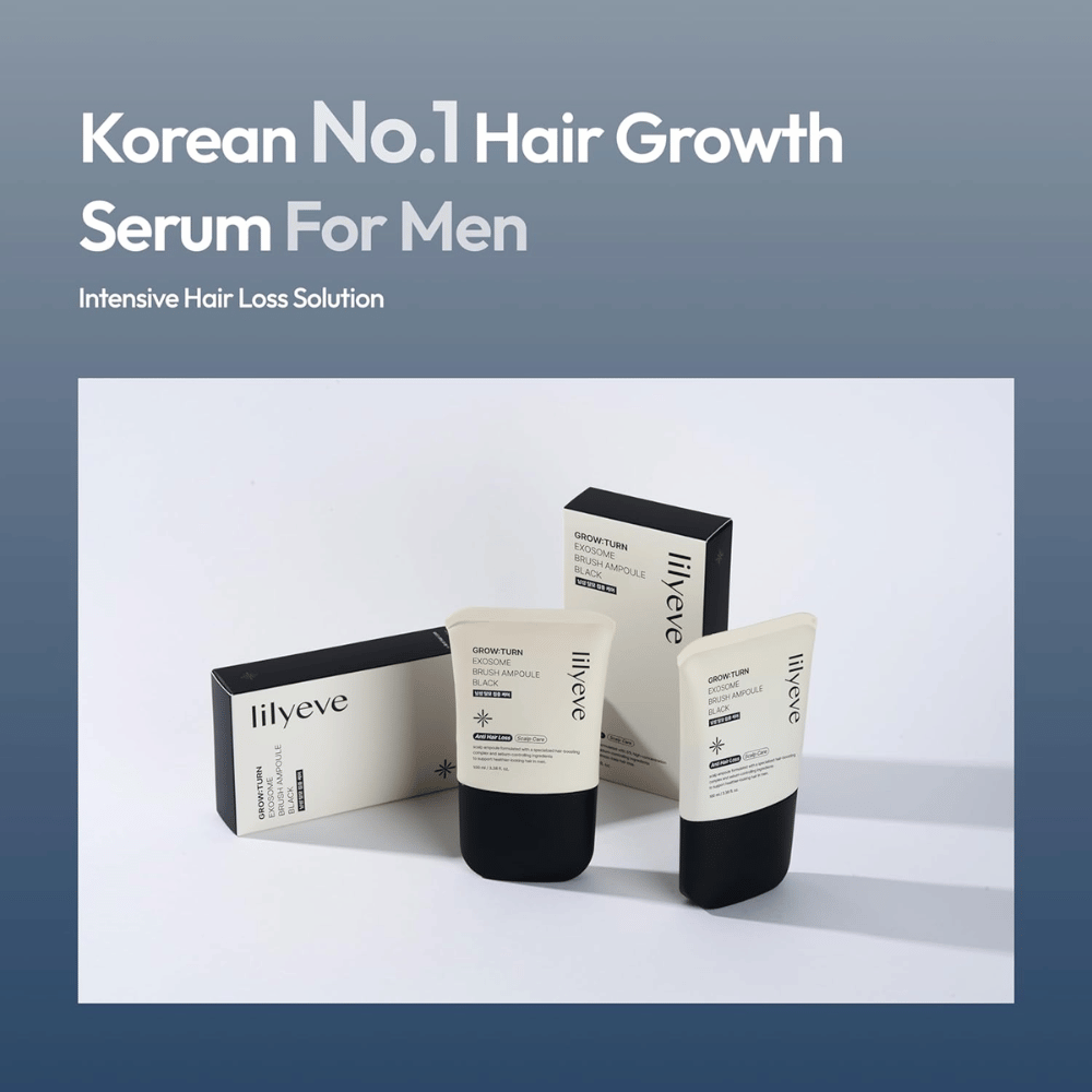 Image du produit et de son emballage de LILYEVE Grow:Turn Exosome Brush Ampoule Prime. L’image met en avant le sérum comme un produit de soin capillaire développé pour les hommes, avec un accent sur le soin du cuir chevelu et les besoins liés à la chute des cheveux.