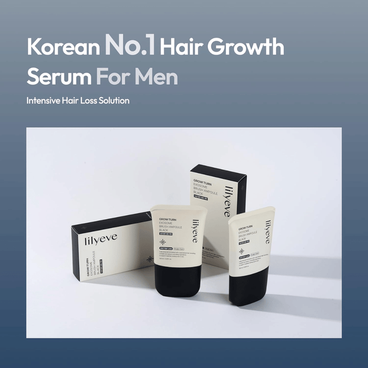 Image du produit et de son emballage de LILYEVE Grow:Turn Exosome Brush Ampoule Prime. L’image met en avant le sérum comme un produit de soin capillaire développé pour les hommes, avec un accent sur le soin du cuir chevelu et les besoins liés à la chute des cheveux.