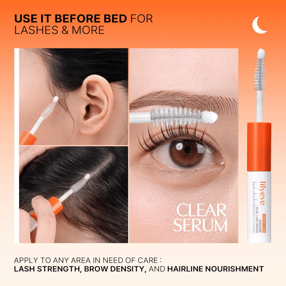 LILYEVE Grow Turn Exosome Dual Lash Serum – sérum transparent pour le soin du soir des cils, des sourcils et de la ligne des cheveux.
