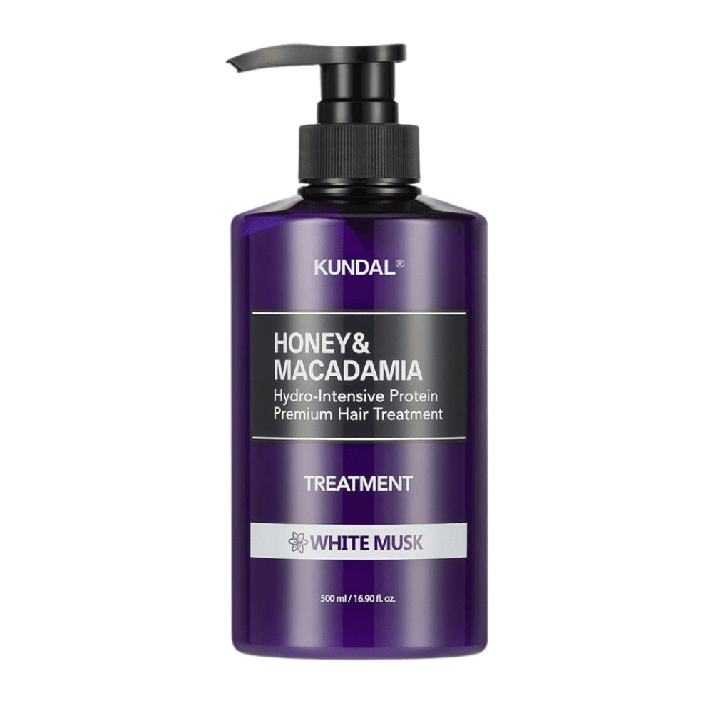 KUNDAL Honey & Macadamia Hydro-Intensive Protein Premium Hair Treatment White Musk dans un flacon pompe violet, 500 ml.