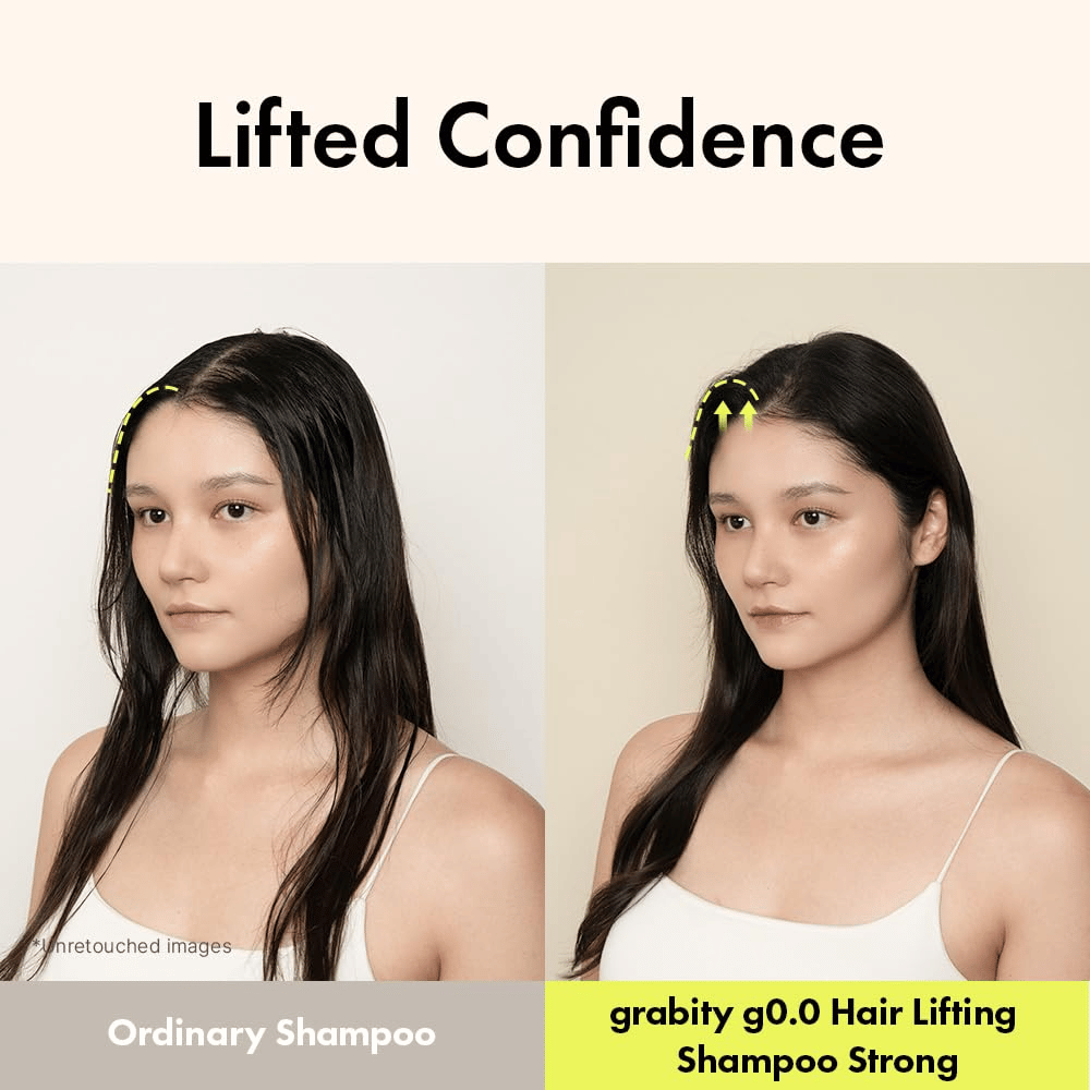 Image avant/après montrant une augmentation du volume et du soulèvement à la racine après l’utilisation de Grabity g0.0 Hair Lifting Shampoo Strong pour les cheveux fins et plats.