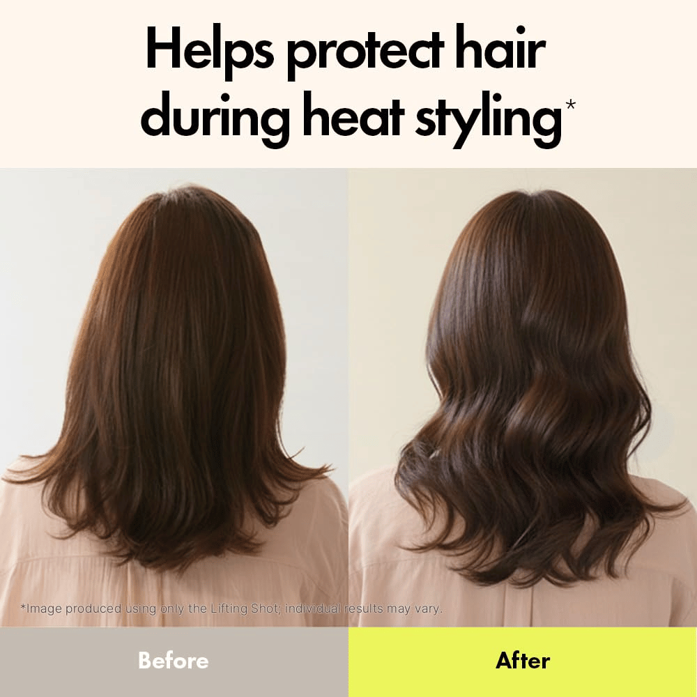 Image avant/après montrant l’effet de Grabity Hair Lifting Shot. Les cheveux paraissent plus denses, plus définis et mieux protégés lors du coiffage à chaud après utilisation.