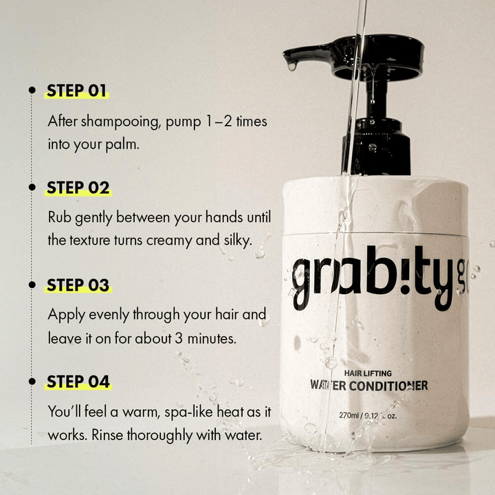 Image d’instructions pour Grabity Hair Lifting Water Conditioner montrant comment le produit s’utilise après le shampooing pour apporter soin, brillance et une impression de cheveux plus fournis.