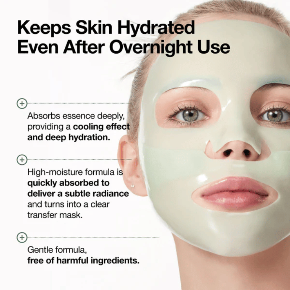 Gros plan d’un modèle utilisant le masque hydrogel. Le texte souligne que le masque aide la peau à conserver son hydratation même après une utilisation pendant la nuit. L’image met en avant une sensation de fraîcheur, une hydratation profonde, un éclat accru et une formule douce sans ingrédients inutilement irritants.