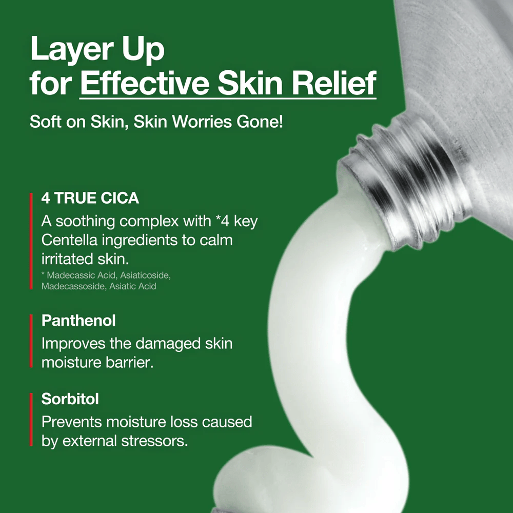 Anua Heartleaf Centella Red Spot Cream avec crème blanche pressée hors du tube, ingrédients marqués comme 4 True Cica, Panthénol et Sorbitol pour un effet apaisant et hydratant.