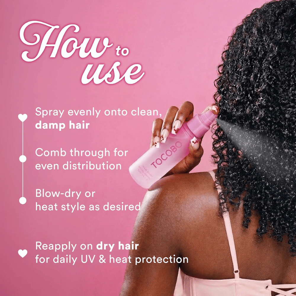 TOCOBO Heat Proof Hair Mist #01 Lowkey Famous – application sur cheveux humides avant le brushing et le coiffage à chaud