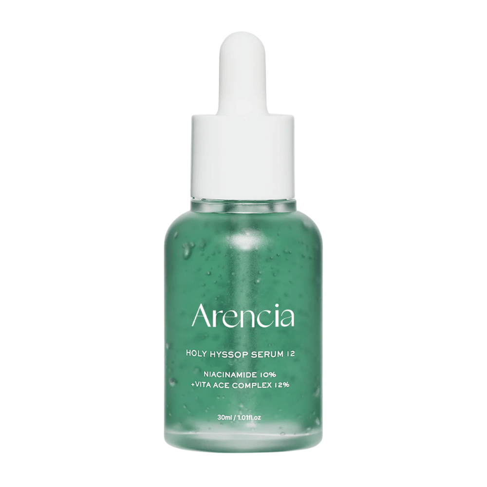 Arencia Holy Hyssop Serum 12 dans un flacon vert avec pipette, sérum pour le visage avec 10 % de niacinamide et complexe vitaminé ACE 12 %.