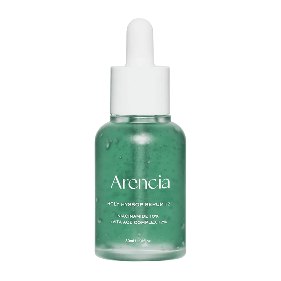Arencia Holy Hyssop Serum 12 dans un flacon vert avec pipette, sérum pour le visage avec 10 % de niacinamide et complexe vitaminé ACE 12 %.