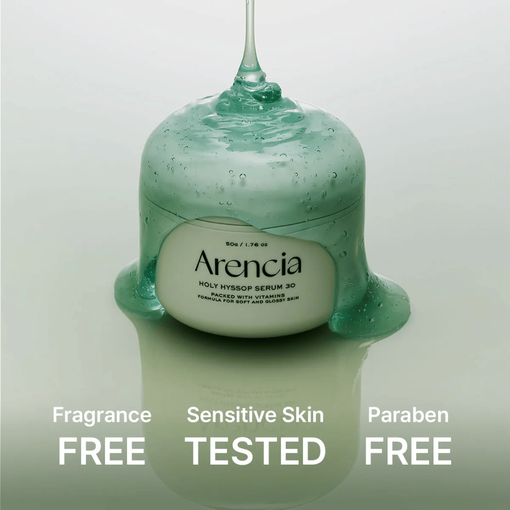Arencia Holy Hyssop Serum 30 – gel-sérum nourrissant avec vitamines, sans parfum ni parabènes, testé dermatologiquement pour les peaux sensibles.