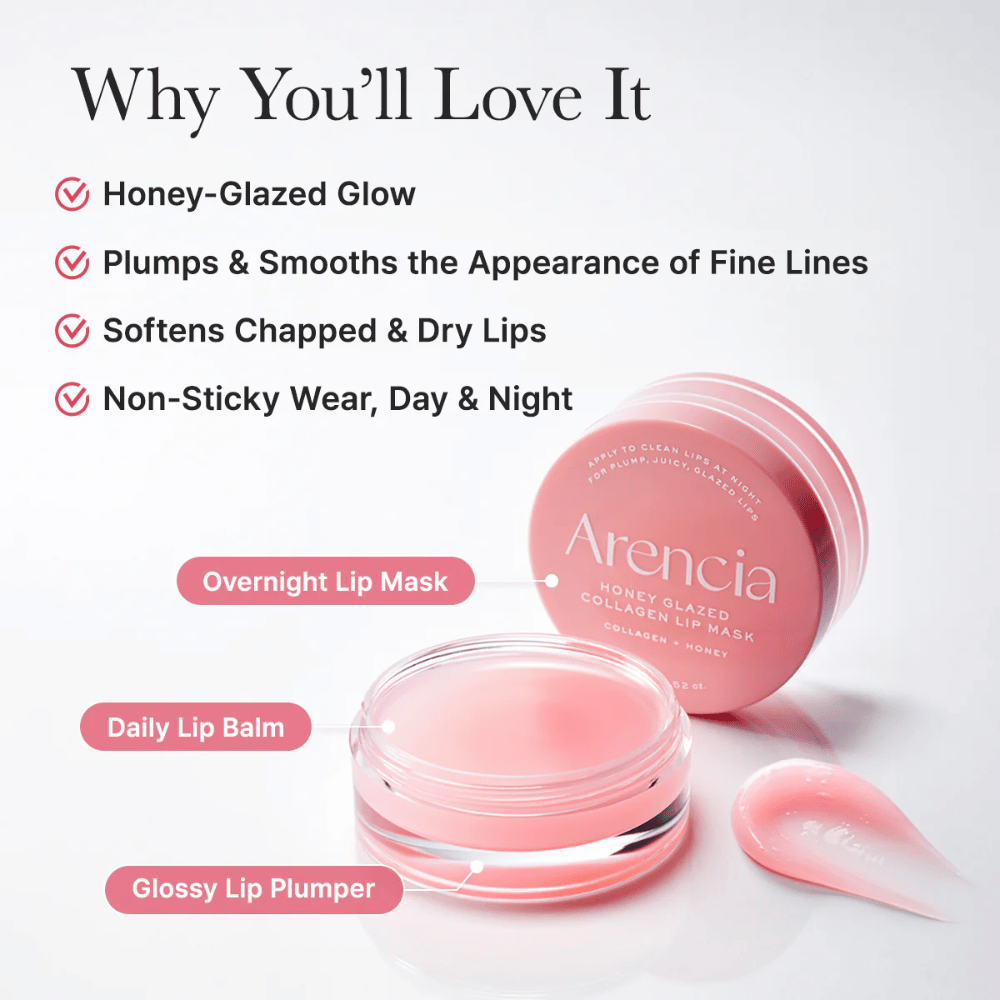 Image produit avec pot ouvert et applicateur mettant en avant des bénéfices comme un éclat effet honey-glazed, des lèvres plus douces et une utilisation agréable de jour comme de nuit.