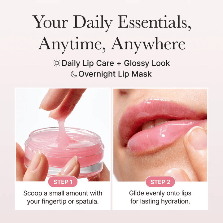 Image d'instructions montrant comment le masque pour les lèvres s’utilise de jour comme de nuit. On applique d’abord une petite quantité avec le doigt ou une spatule, puis on répartit le produit uniformément sur les lèvres pour une hydratation et une brillance longue durée.