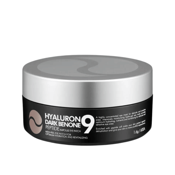 Hyaluron Dark Benone Peptide 9 Ampoule Eye Patch – masque pour les yeux coréen en pot avec des peptides et de l'acide hyaluronique pour un soin intensif de la peau sèche et fatiguée autour des yeux.