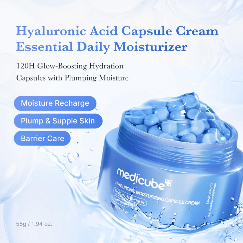 4. Medicube Hyaluronic Moisturizing Capsule Cream – capsules bleues hydratantes en gel qui hydratent, apaisent et renforcent la barrière cutanée