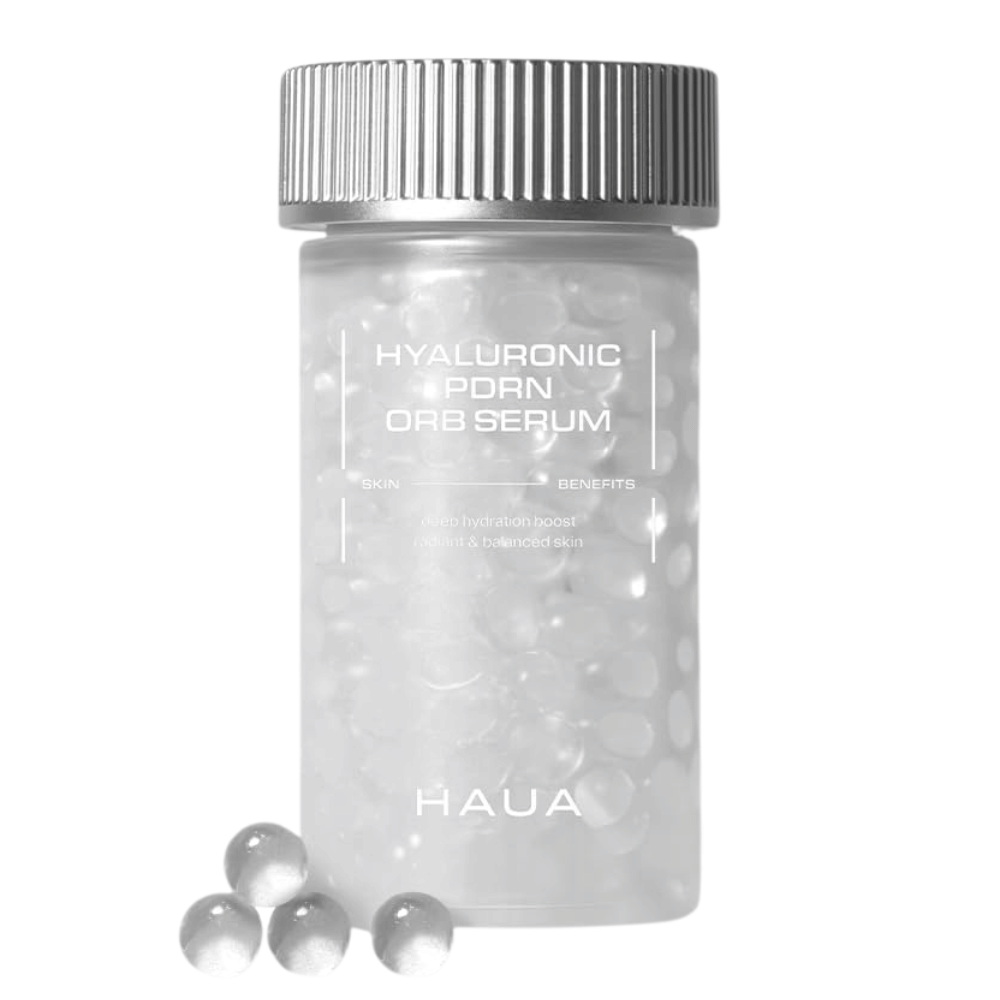Image du produit de HAUA Hyaluronic PDRN Orb Serum sur fond blanc. Le contenant transparent est rempli de capsules de sérum et met en valeur la formulation encapsulée unique du produit.