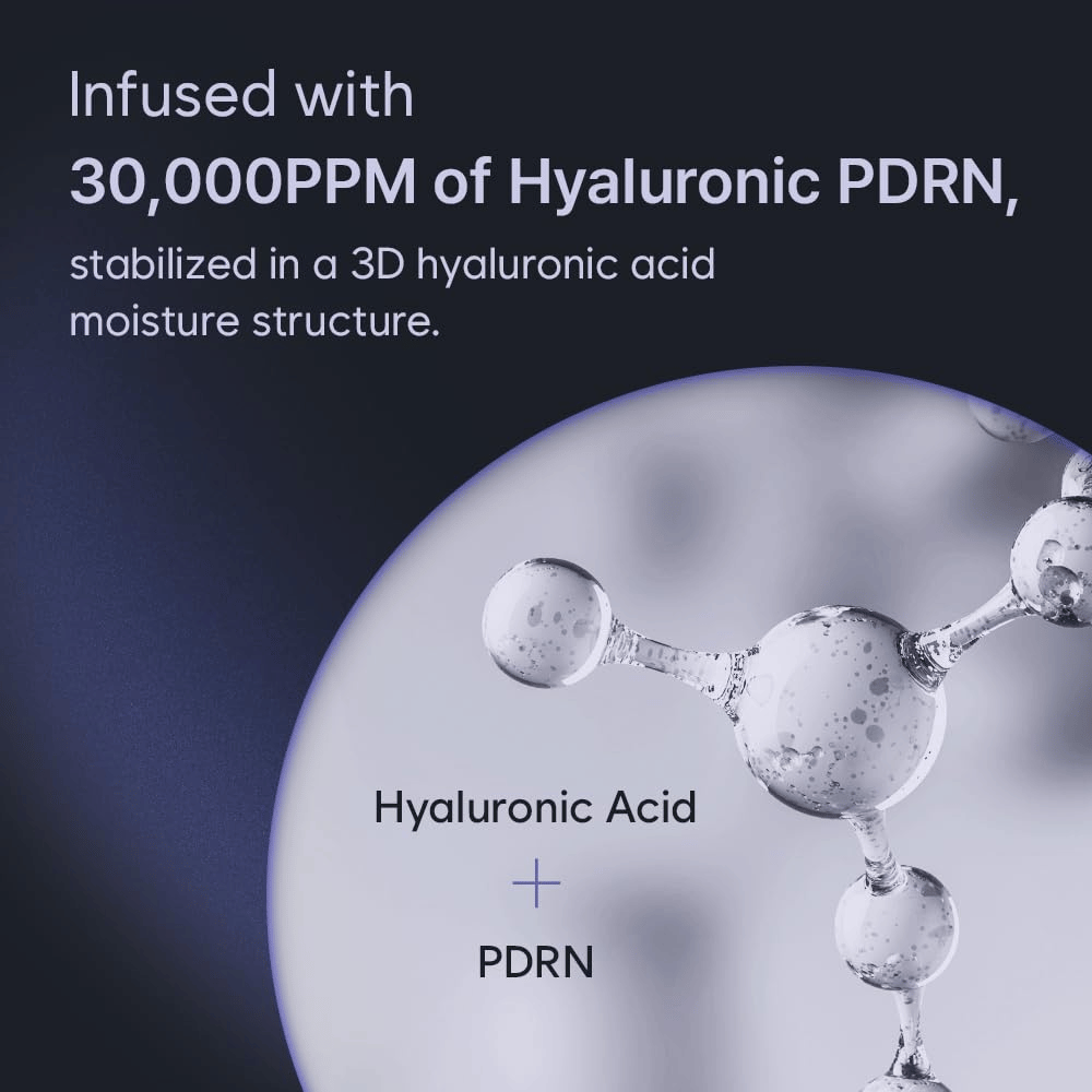 Illustration graphique de l’acide hyaluronique et de PDRN dans une structure hydratante tridimensionnelle. L’image met en avant la forte concentration du produit en Hyaluronic PDRN et sa technologie hydratante.